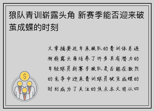 狼队青训崭露头角 新赛季能否迎来破茧成蝶的时刻